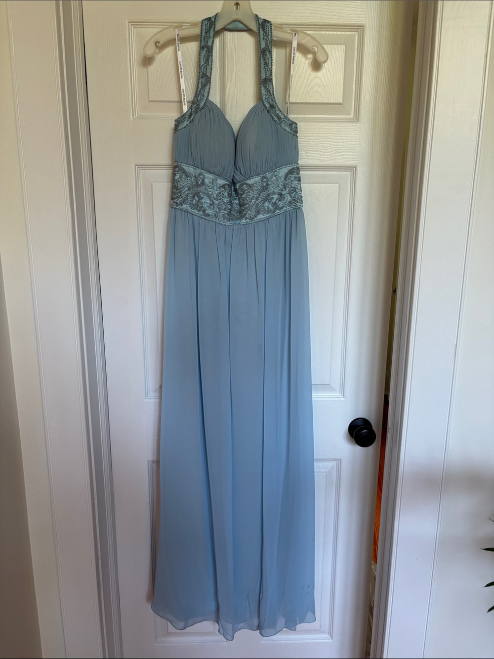 David's Bridal Light Blue Beaded Halter Chiffon Maxi Dress